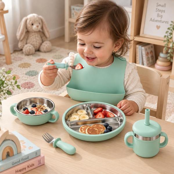 Maison des Cadeaux Baby Feeding & Weaning Set with Stainless Steel Plate, Bowl, Bib, Cup & Cutlery