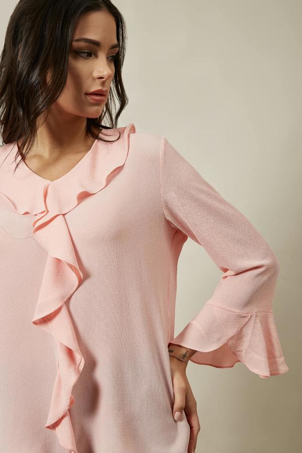 Hoxton Gal Oversized Crepe Top Ruffle Front Relaxed Fit Blouse in Pink