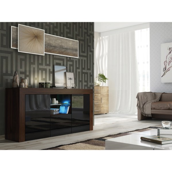 Mex Furniture Modern 145cm TV Unit, Cabinet Stand & Sideboard with Walnut Gloss & Free LED