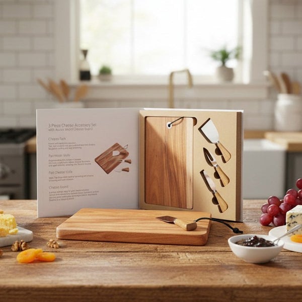 Maison des Cadeaux Elegant Acacia Wood Cheese Board & Knife Set