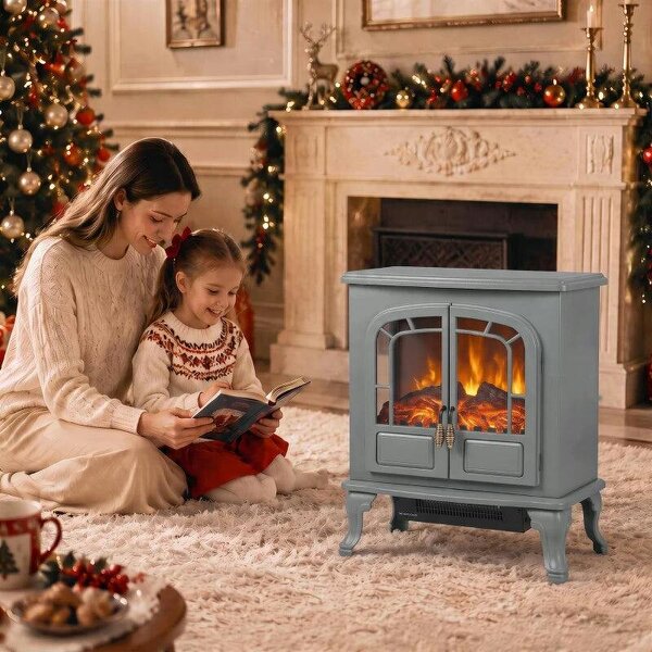 Freestanding Electric Fireplace Stove Heater with LED Fire Flame Effect Grey