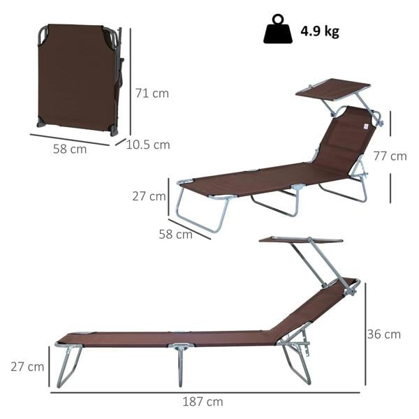 Brown folding sun lounger with adjustable backrest and metal frame, shown with measurements