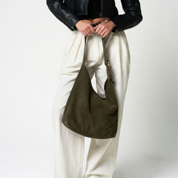 Barneys Originals Khaki Suede Shoulder Bag
