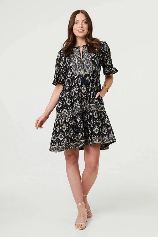 Navy | Printed 1/2 Flared Sleeve Short Dress