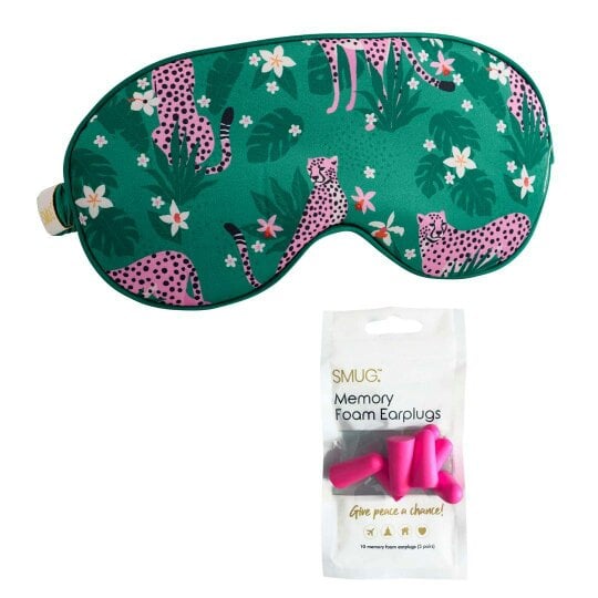 SMUG Satin Sleep Mask - Cheetah Print - Sleep Mask & Pink Earplugs