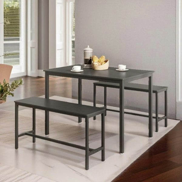Rafaelo Mobilia Industrial Dining Table Set With 2 Benches Black
