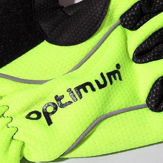 Close-up of fluorescent yellow winter cycling glove with black Optimum logo and reflective piping - Optimum