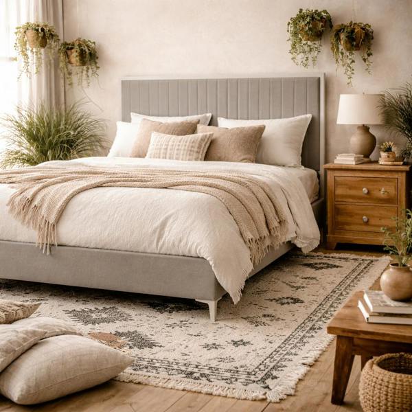 Wyld Haus Killarney Mink Upholstered 4ft6 Double Bed with Tall Ribbed Headboard