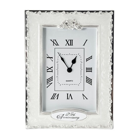 Happy Homewares 25th Anniversary Clock in White Epoxy with Silver Plated Roses and Diamantes