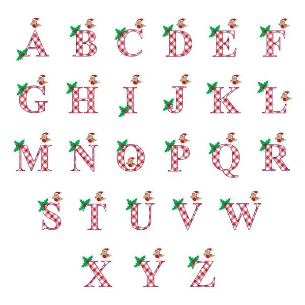 A comprehensive character chart displaying the complete A to Z alphabet font guide for the little robin Christmas bauble. Each uppercase letter features a red and white gingham pattern adorned with a green holly leaf sprig and a tiny festive robin sitting on top.