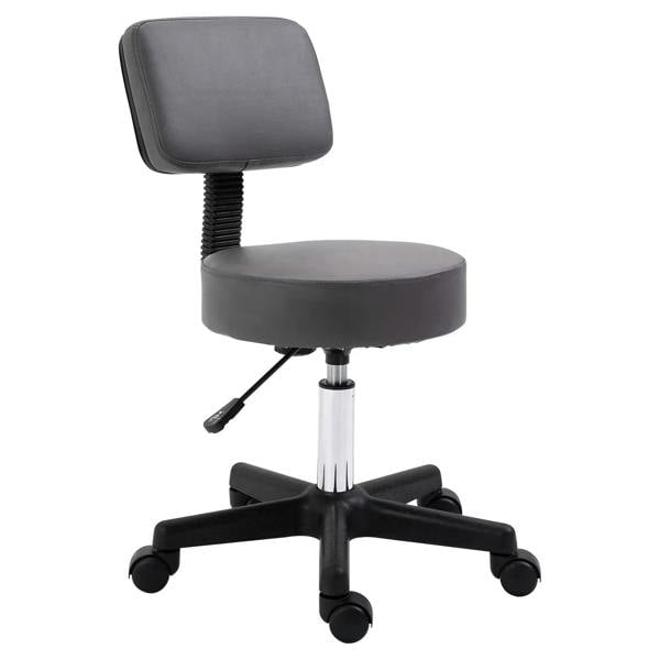 Grey rolling salon chair with padded seat and backrest, swivel base, five casters