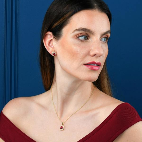 namana Gold Plated 925 Sterling Silver Red Rectangle Halo Pendant Necklace For Women