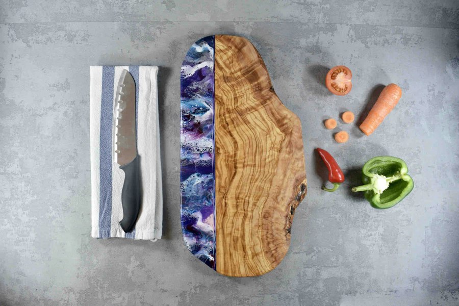 Large Purple Resin Art Olive Wood Cutting Board 40cm 