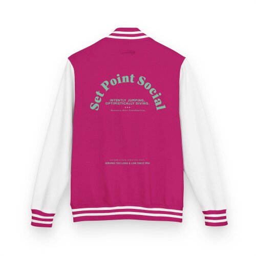 Anchor & Crew Set Point Social Volleyball Club League Cotton Varsity Letterman Jacket - Hot Pink & White