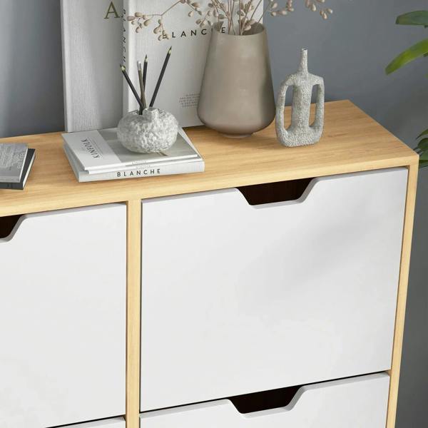 Natural wood shoe cabinet front with four white flip drawers and curved cutout handles