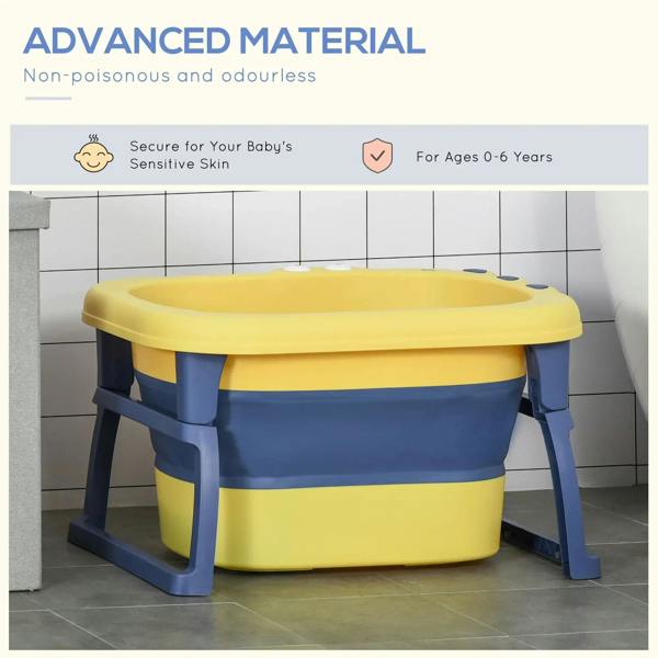 Yellow and navy folding baby bathtub with stable legs and wide top rim