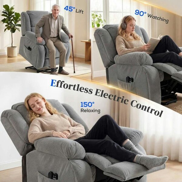 Recliner Armchair Lift Chair, Electric Recliner Chair with Vibration Massage and Heat, Wide Seat, USB Port, Light Grey