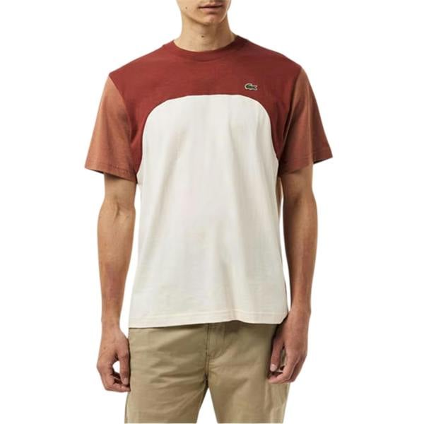 Lacoste Mens Colour Block Cotton T-Shirt - White/Brown/Light Brown - 
