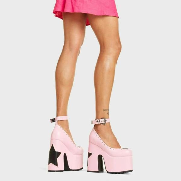Lamoda Star Shine Pink PU Black Platform Heels Chic Durable Elegant Style