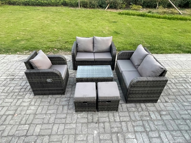 Fimous High Back Rattan Garden Lounge Set - Dark Grey Mixed Patio Sofa with Loveseat, Rectangular Coffee Table & 2 Small Footstools