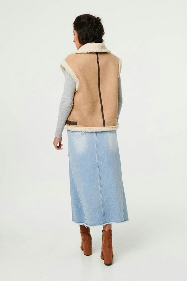 Beige | Faux Suede Fur Lined Sleeveless Gilet

