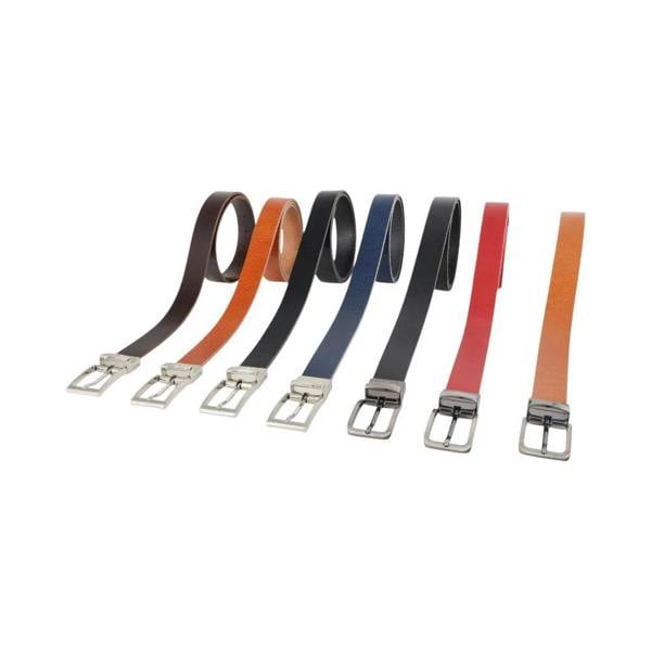 Set of colorful belts with silver buckles on a white background