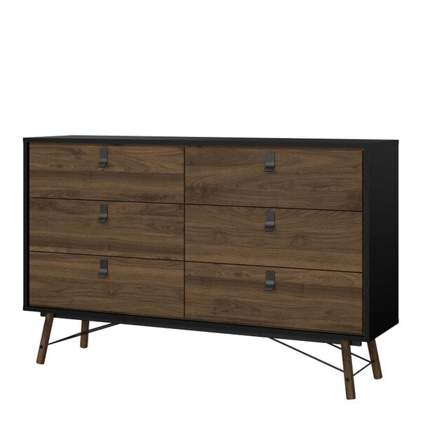 Wyld Haus Juno Black and Walnut Wood Wide Double Chest of 6 Drawers