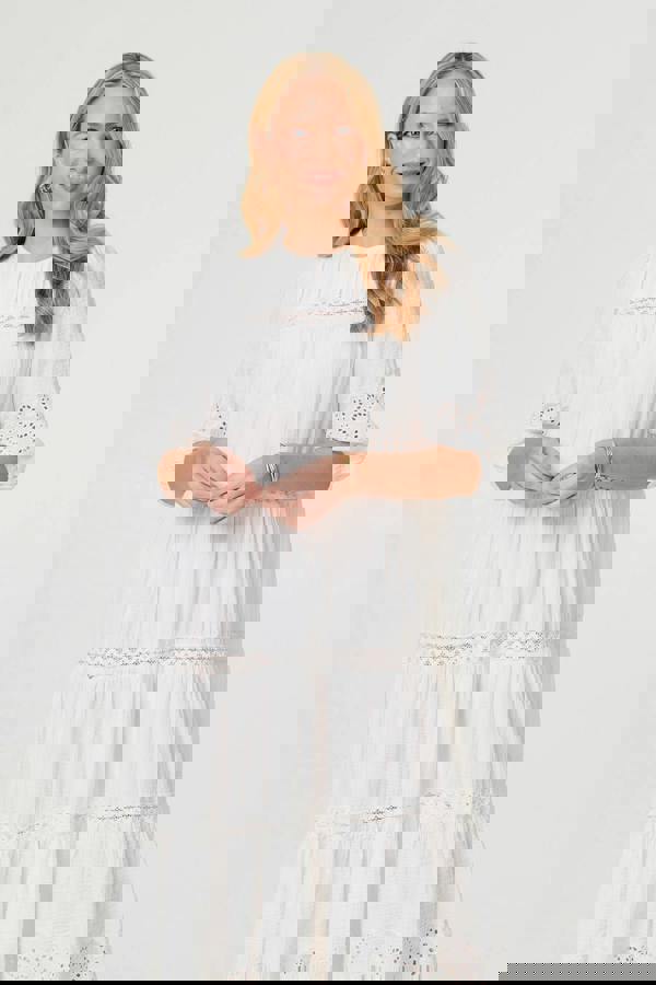 White | Broderie Anglaise Trim Tiered Midi Dress