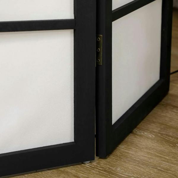 Lower edge of black framed divider with gold metal hinge hardware and white panel