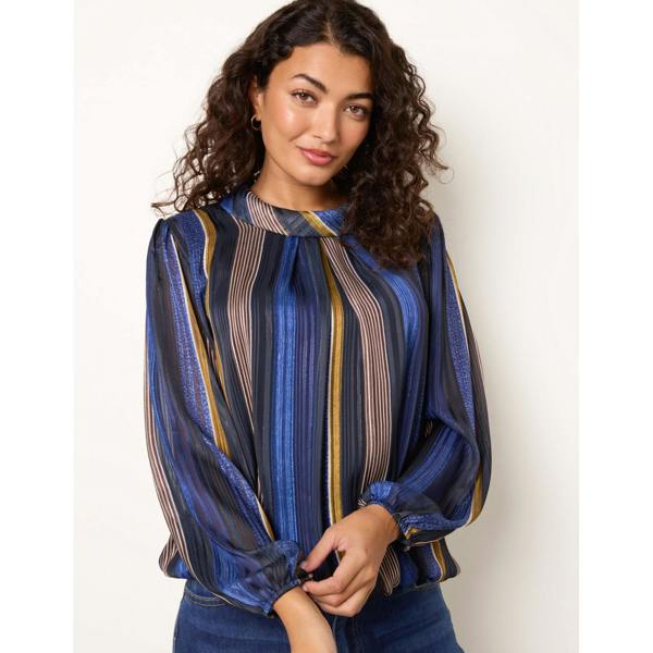 Blue Vanilla Metallic Vertical Multi Stripe Cowl Neck Blouse