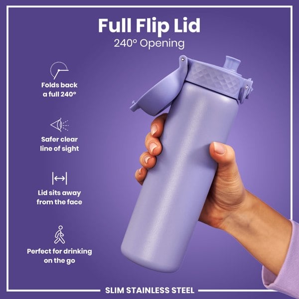 ION8 Leak Proof Slim Water Bottle, Stainless Steel, Light Purple, 600ml (20oz)