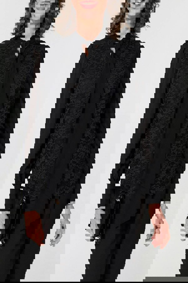 Black | Floral Lace Semi Sheer Textured Blouse
