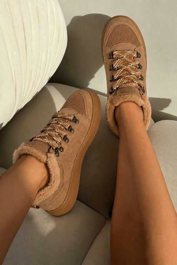 Love Lemonade Hudson Comfort Faux Suede Check Lace Faux Fur Lined Trainers Camel