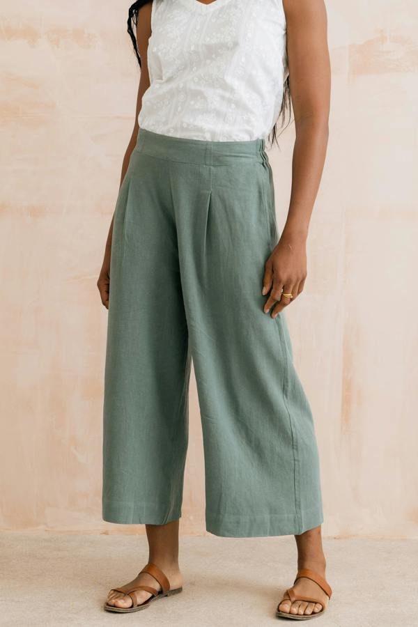 Summer Wide Leg Linen Blend Culottes Laurel Green