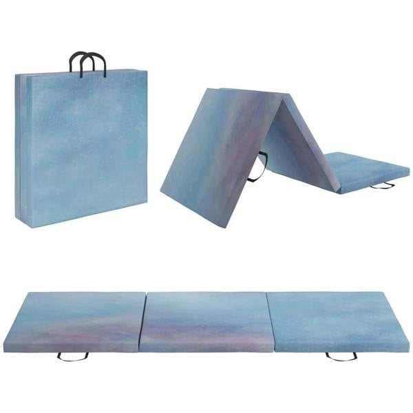 Tri-fold gymnastics crash mat, sky blue, with carry strap handles