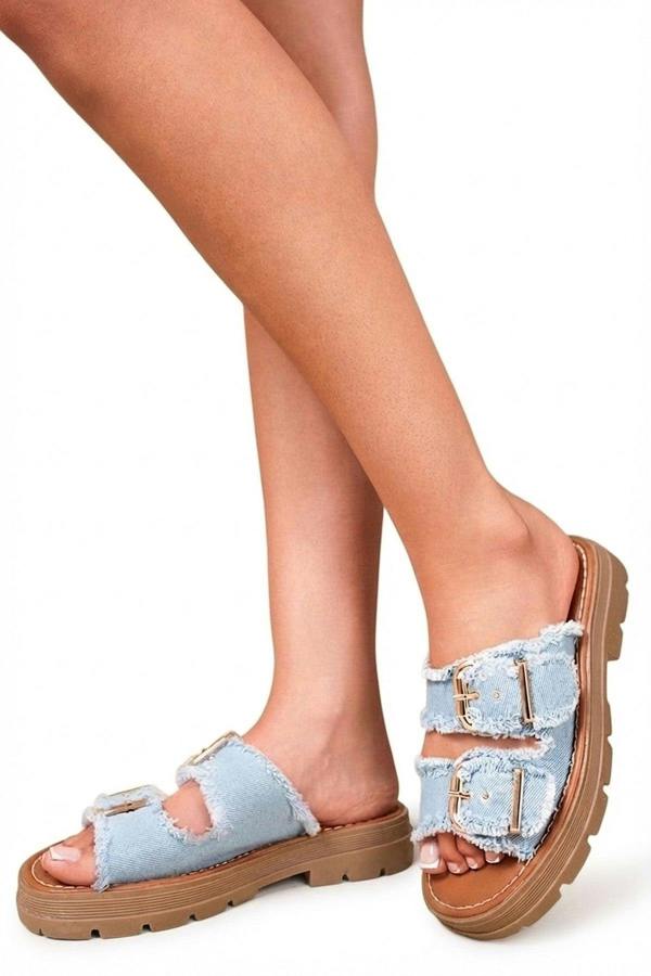 Madelina Double Buckle Denim Platform Sandals - D.blue_wb