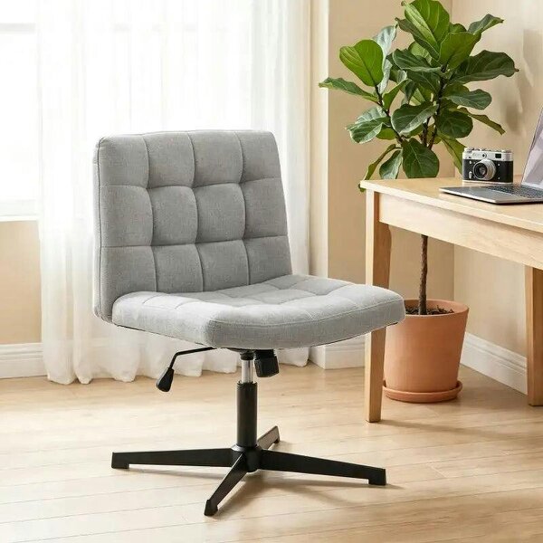 Armless Office Chair, Cross Legged Linen Computer Desk Vanity Chair with Wide Seat, Rocking Function, Grey