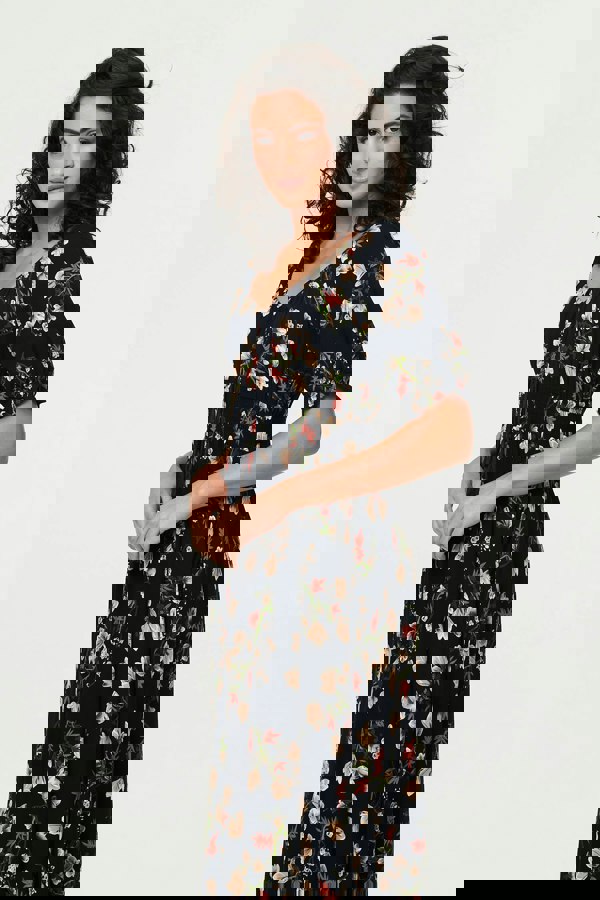 Navy | Floral Bardot Shirred Empire Maxi Dress
