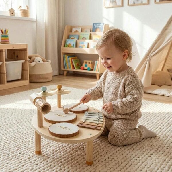 Baby Drum Kit, Wooden Kids Musical Instruments with Drums and Xylophone, Gifts for Girls Boys Birthday, Natural - Natural Wood