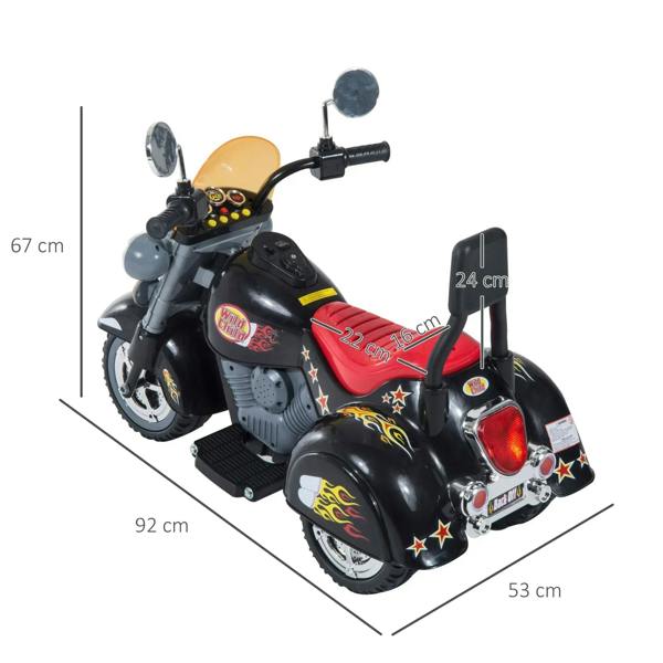 Black electric ride-on motorbike trike with red seat, three-quarter view with size markers
