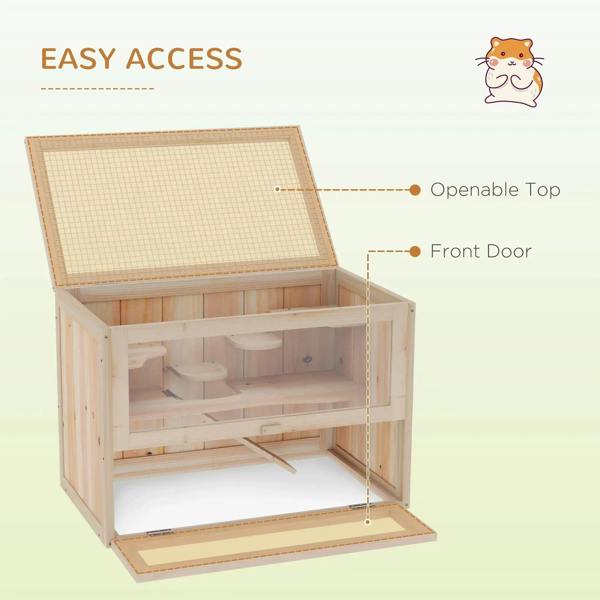 Natural wood hamster cage with openable top and front door, wire mesh surface