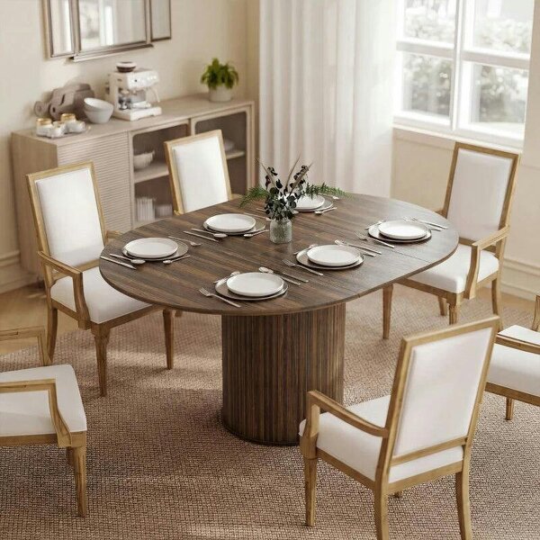 Extendable Round Dining Table Kitchen Table Hidden Leaf Storage Pedestal Base Seats 6-8 110-150 cm Dark Walnut - Dark Walnut