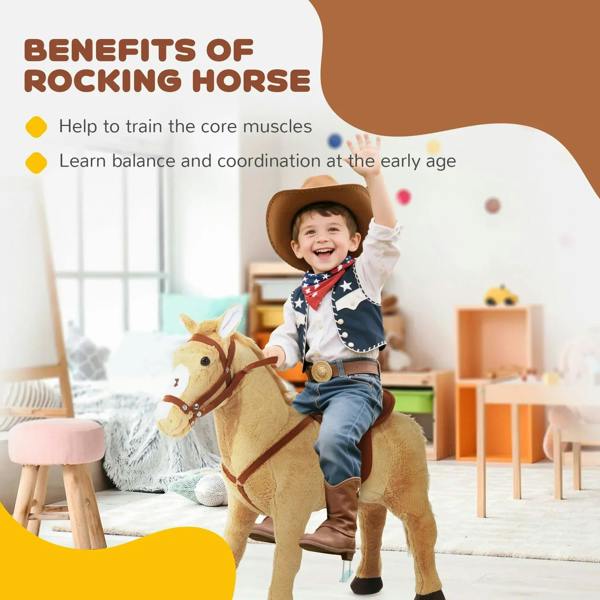 Beige plush ride-on horse toy with brown saddle and reins, shown with child