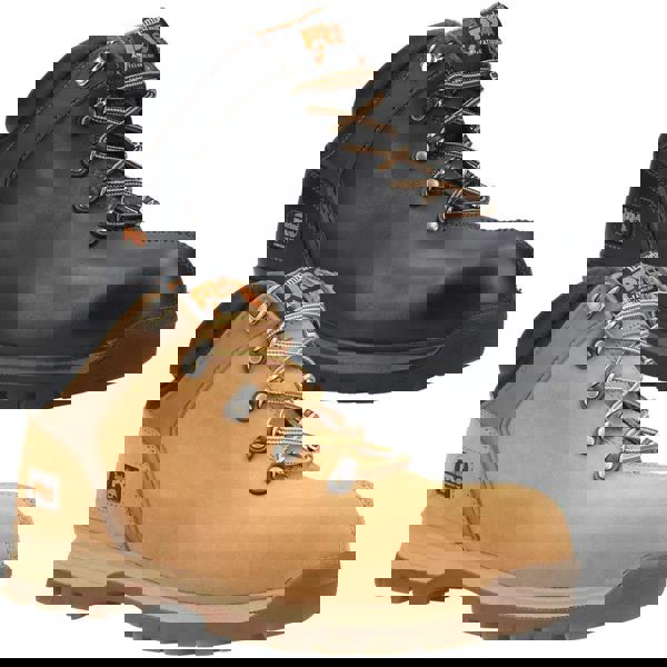 Timberland Pro Splitrock XT Mens Composite Toe Work Safety Boots, black and tan work boots with durable leather upper, ankle support, and slip-resistant soles.