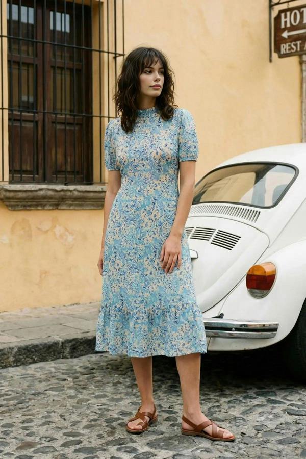 WOVCOR Floral A-Line Ruffled Midi Woven Dress
