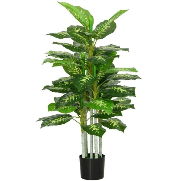 Artificial evergreen tree with glossy green leaves in black nursery pot