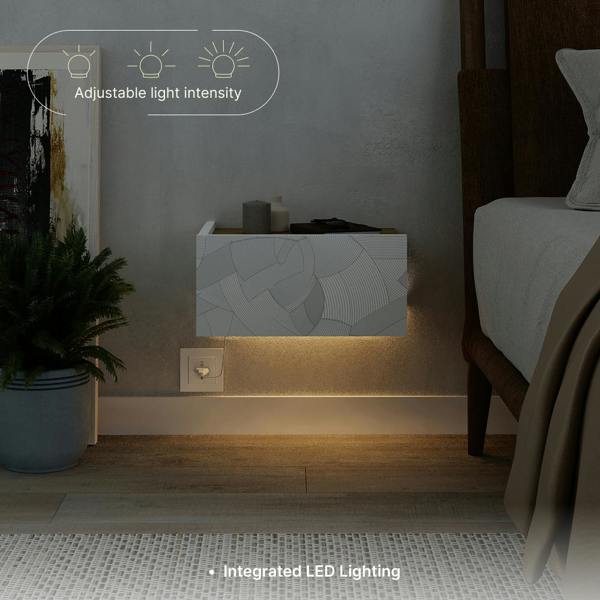 Decortie Floating Bedside Table w/Drawer, Underneath LED Light Handleless Modern Nightstand Wall-Mounted Storage