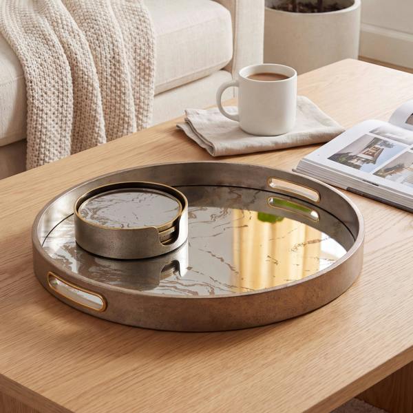 Maison des Cadeaux Marble Effect Round Serving Tray & Drink Coasters Set of 4 with Holder