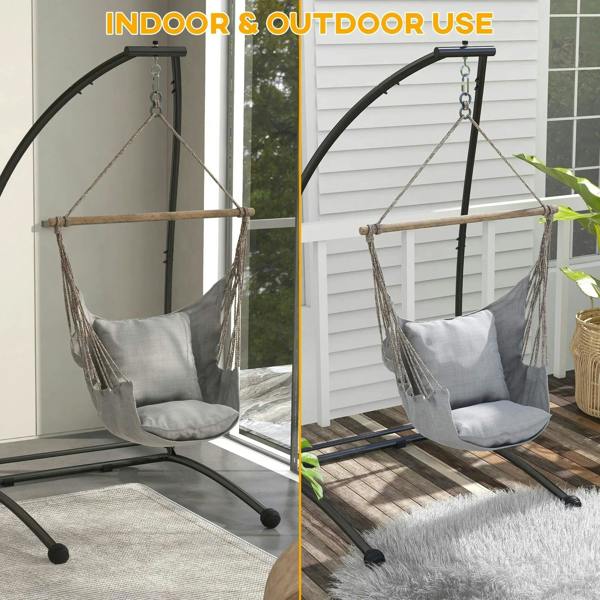 Black hammock chair stand for indoor outdoor use with rope-suspended seat