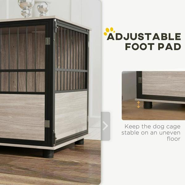 Dog crate end table corner detail with dark frame, brown paneling, and adjustable foot pad